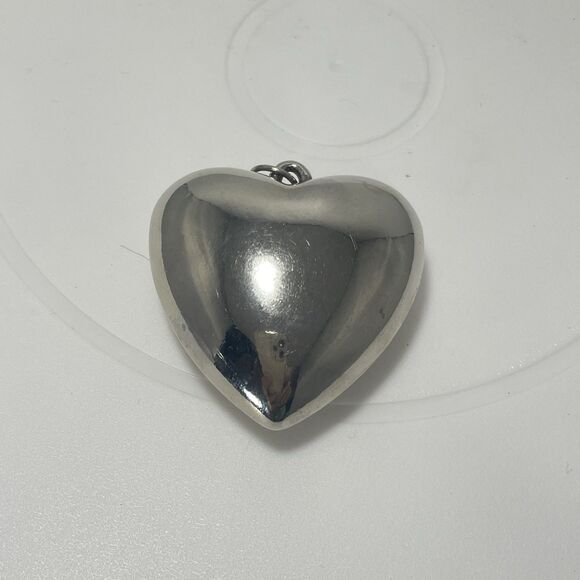 Silver Tone Puffy Heart Pendant Large Polished Estate Jewelry Charm - Picture 2 of 4